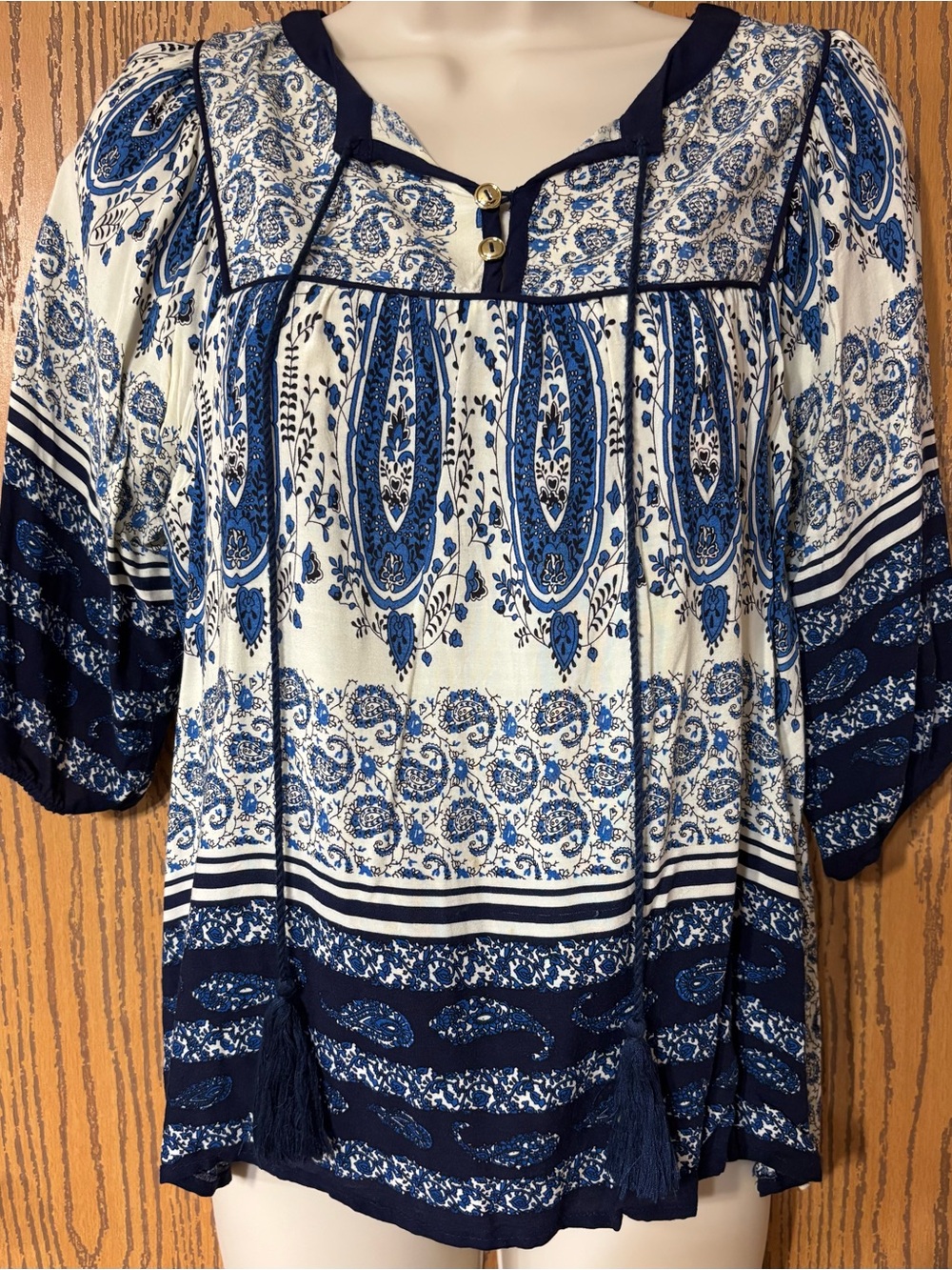 Boho Peasant Top with Blue Paisley Print